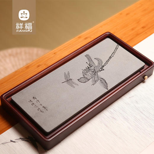 【祥福】【简约排水式乌金石托盘】竹制功夫石头茶盘小号 家用简易一人用 商品图0