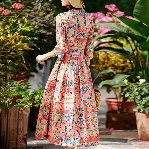 KDS-1142休闲度假高端棉麻印花裙V领绑带收腰修身苎麻连衣裙 商品图4