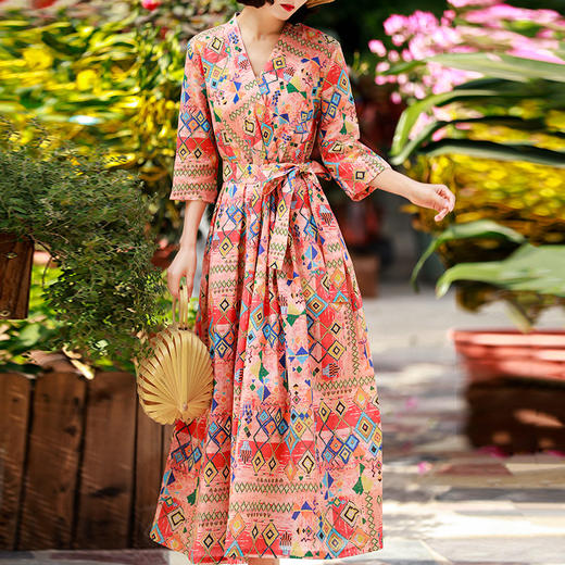 KDS-1142休闲度假高端棉麻印花裙V领绑带收腰修身苎麻连衣裙 商品图0