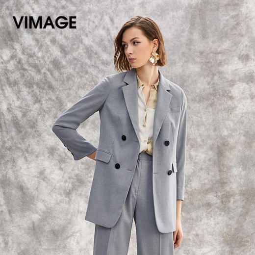 VIMAGE纬漫纪春季新款时尚高级洋气翻领双排扣显瘦西装外套女V1303905 商品图0