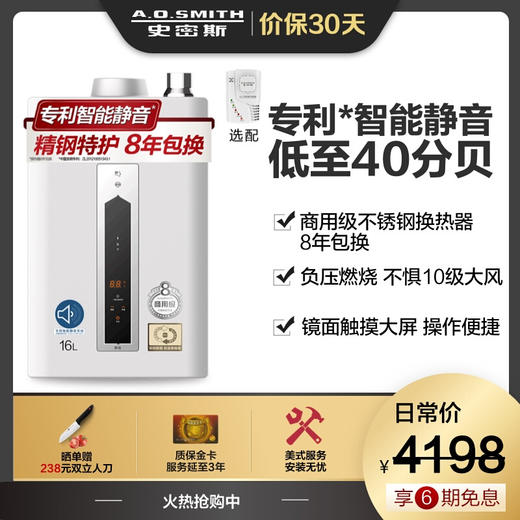 史密斯(A.O.Smith) 16升燃气热水器 家用 智能静音 恒温 水箱8年包换 JSQ31-CSCX（天然气） 商品图1