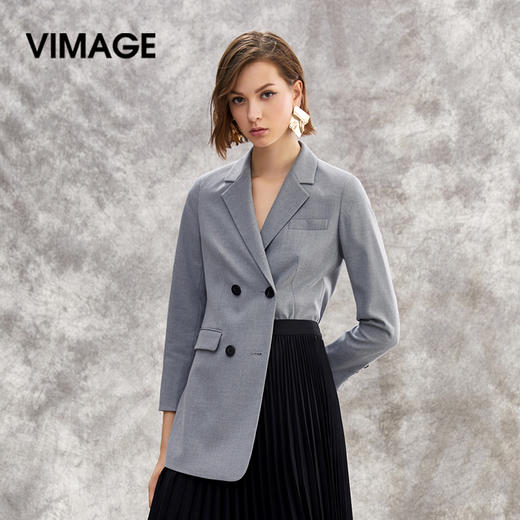 VIMAGE纬漫纪春季新款时尚高级洋气翻领双排扣显瘦西装外套女V1303905 商品图1