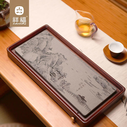 【祥福】【简约排水式乌金石托盘】竹制功夫石头茶盘小号 家用简易一人用 商品图1