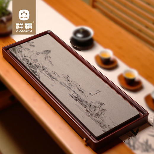 【祥福】【简约排水式乌金石托盘】竹制功夫石头茶盘小号 家用简易一人用 商品图2