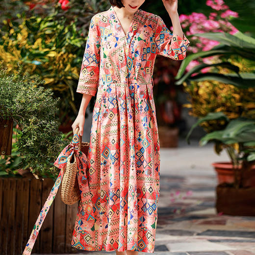 KDS-1142休闲度假高端棉麻印花裙V领绑带收腰修身苎麻连衣裙 商品图2