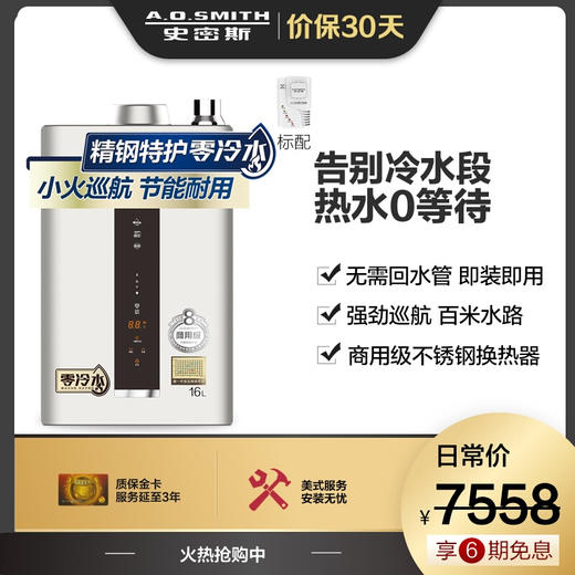 史密斯 (A.O.SMITH) 16升燃气热水器 家用 智能静音 零冷水 水箱8年包换 JSQ31-VJSX(天然气) 商品图1