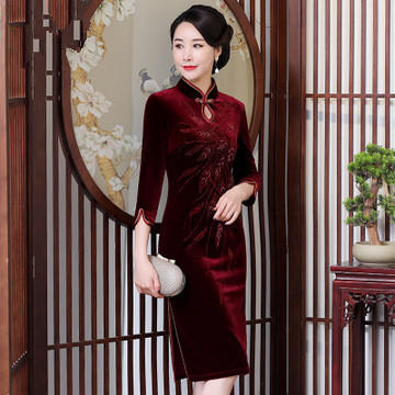 MY-69232新款妈妈装丝绒烫钻旗袍连衣裙 商品图1