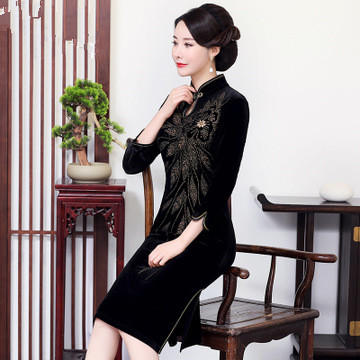 MY-69232新款妈妈装丝绒烫钻旗袍连衣裙 商品图2