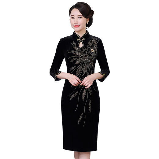 MY-69232新款妈妈装丝绒烫钻旗袍连衣裙 商品图3
