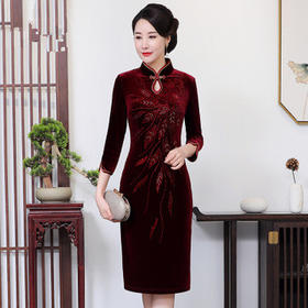 MY-69232新款妈妈装丝绒烫钻旗袍连衣裙