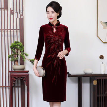 MY-69232新款妈妈装丝绒烫钻旗袍连衣裙 商品图0
