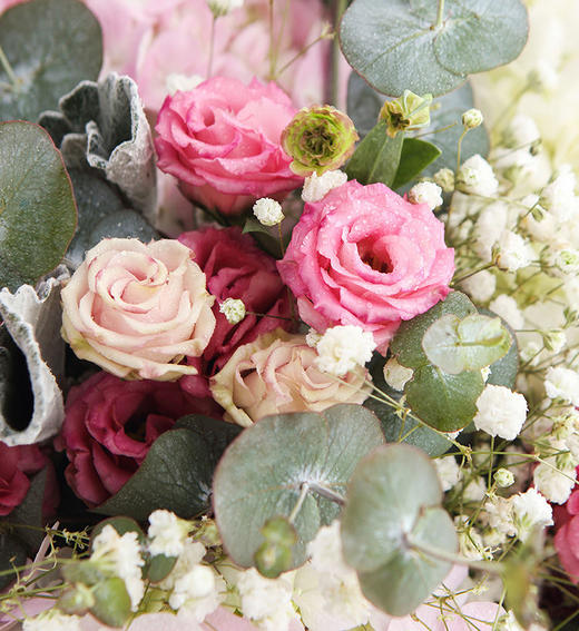 动心    3个粉色绣球，2个白色绣球，多头玫瑰11支，满天星，尤加利搭配，花束长1.2m/1.3m（1938） 商品图2