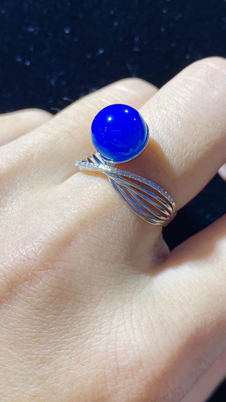 多米尼加蓝珀910mm全净水天空蓝蔷薇款女戒18k金钻石镶嵌