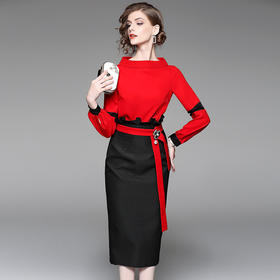 BHS-0000173120气质通勤套装裙大红上衣+包臀半裙两件套