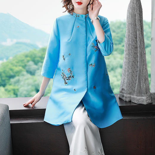 YFN-19503新品复古女装长袖蓝色减龄中长款风衣外套 商品图1