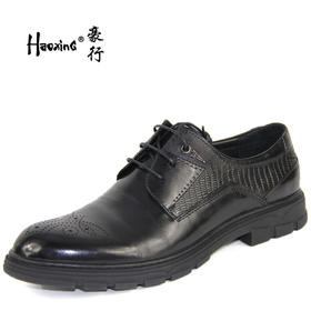 豪行春季新款10187215舒适休闲厚底男单鞋系带宽松黑色商务鞋正品
