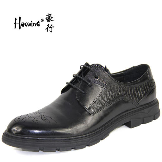 豪行春季新款10187215舒适休闲厚底男单鞋系带宽松黑色商务鞋正品 商品图0