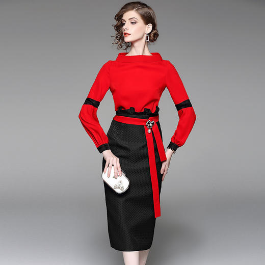 BHS-0000173120气质通勤套装裙大红上衣+包臀半裙两件套 商品图1