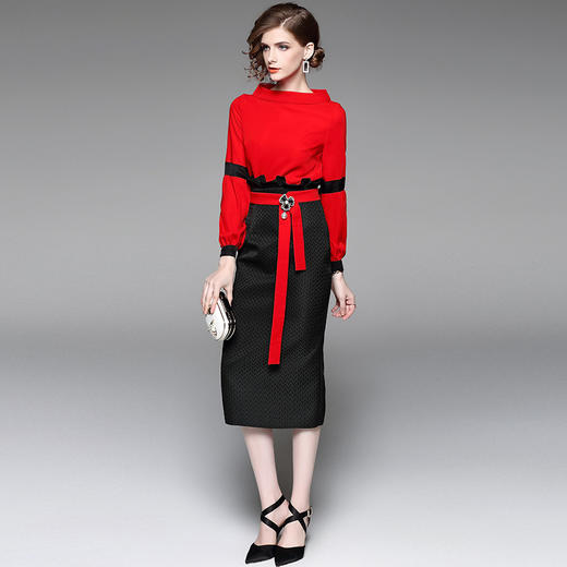 BHS-0000173120气质通勤套装裙大红上衣+包臀半裙两件套 商品图2