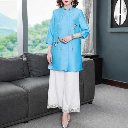 YFN-19503新品复古女装长袖蓝色减龄中长款风衣外套 商品图0