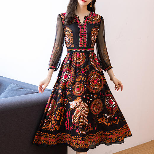 NYT-016新款时尚V领真丝连衣裙气质印花桑蚕丝打底裙 商品图2