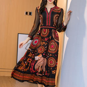 NYT-016新款时尚V领真丝连衣裙气质印花桑蚕丝打底裙