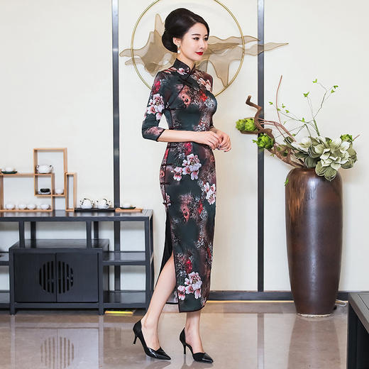 WXG-1948复古优雅长款真丝旗袍连衣裙 商品图1