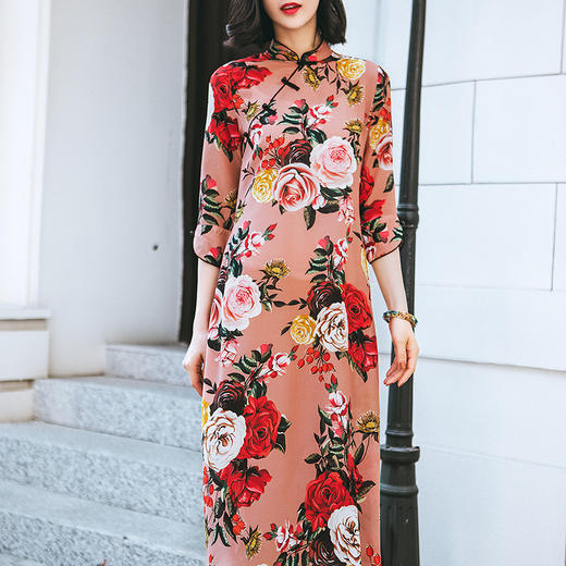 SMHC-SM20119新款复古盘扣印花修身显瘦长款真丝连衣裙 商品图2