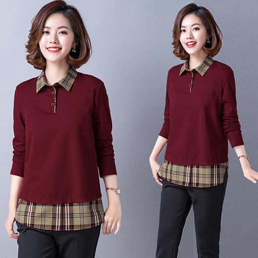 LH-6717春季新款妈妈装格纹拼接长袖打底衫 商品图0