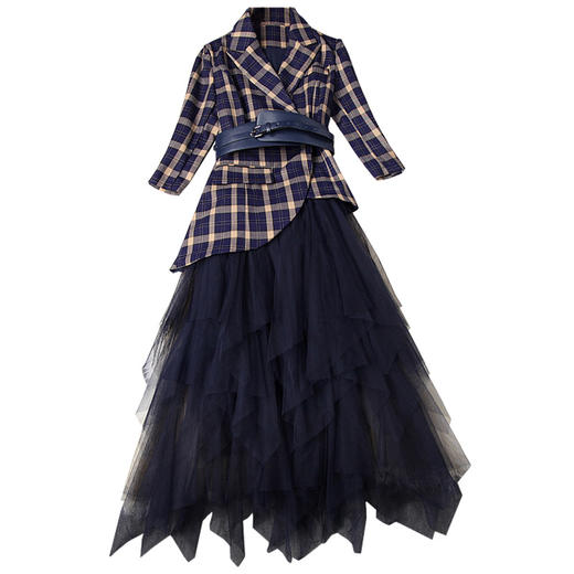 LYY-10615西装领收腰格子外套+不规则网纱半身裙时尚套装 商品图4