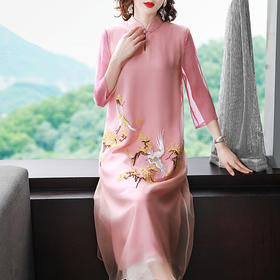 SM-SM191007新款时尚改良旗袍领七分袖中长款刺绣绣花连衣裙