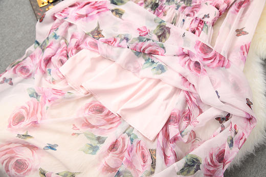 LYY-T10584钉珠木耳边打揽收腰超仙度假裙玫瑰印花连衣裙 商品图3