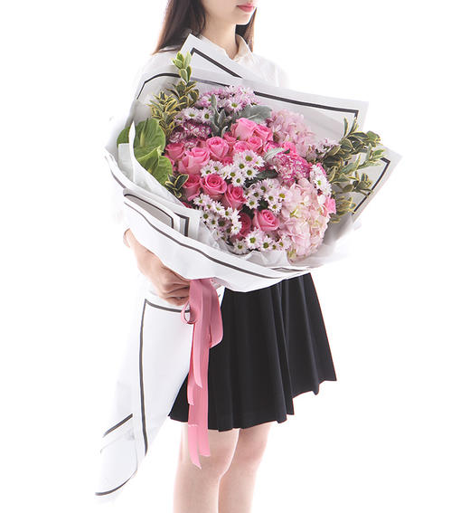 欢乐时刻    粉色苏醒玫瑰33枝、粉色绣球2枝、白粉色小雏菊2扎、紫边康乃馨7枝、绿掌2片 （1945） 商品图3