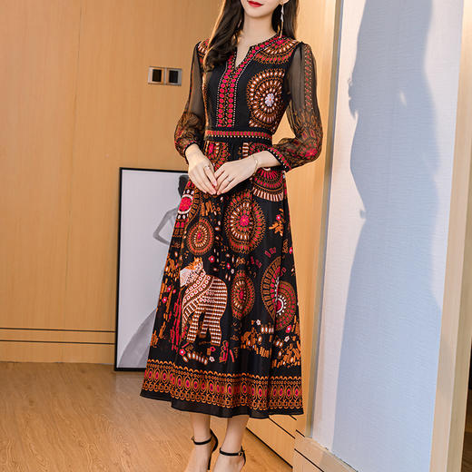 NYT-016新款时尚V领真丝连衣裙气质印花桑蚕丝打底裙 商品图1