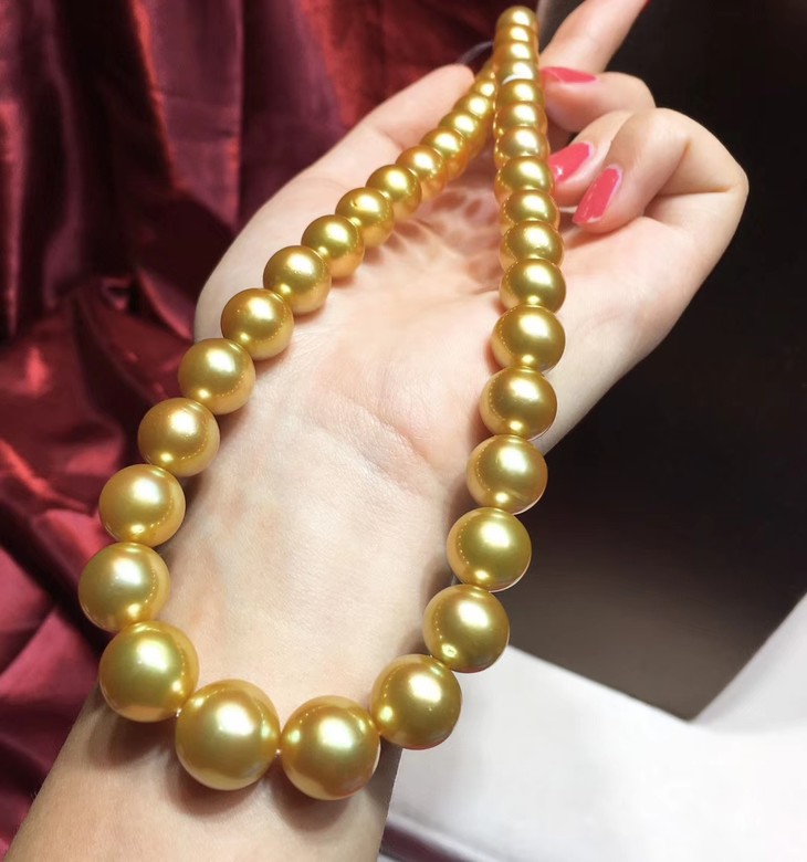 天然南洋金珠链913mm南洋金珠项链基本正圆强光微瑕浓金色