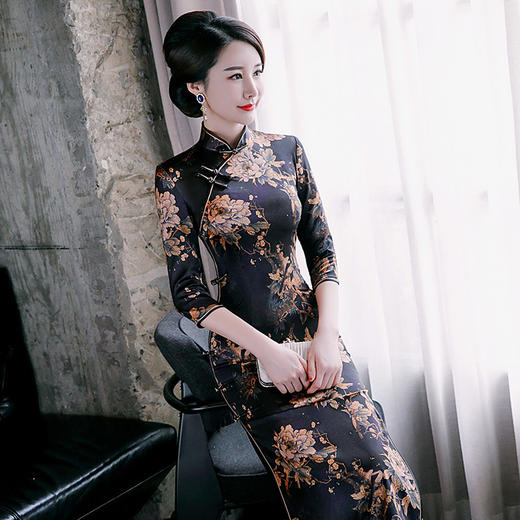 上海旗袍厂WX-1998新款七分袖真丝旗袍 日常改良重磅真丝旗袍高档连衣裙 商品图1