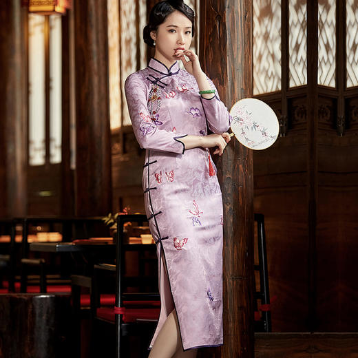 现货真丝刺绣旗袍宴会礼服e2009