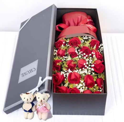长相厮守   19支红玫瑰，满天星搭配，2小熊，礼盒制作。（1820） 商品图0