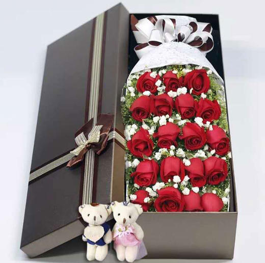爱之声    19支红玫瑰，满天星，黄莺，50cm礼盒   2小熊！（1812） 商品图0