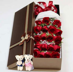 爱情是思念      19支红玫瑰，相思梅，黄莺搭配，50cm礼盒，2小熊(1823)