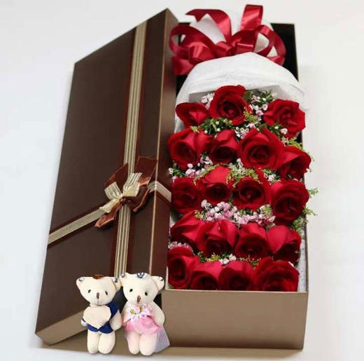 爱情是思念      19支红玫瑰，相思梅，黄莺搭配，50cm礼盒，2小熊(1823) 商品图0
