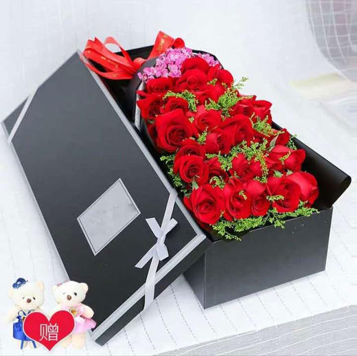 爱的节日     33支红玫瑰，黄莺搭配，2小熊，55cm礼盒(1834) 商品图0