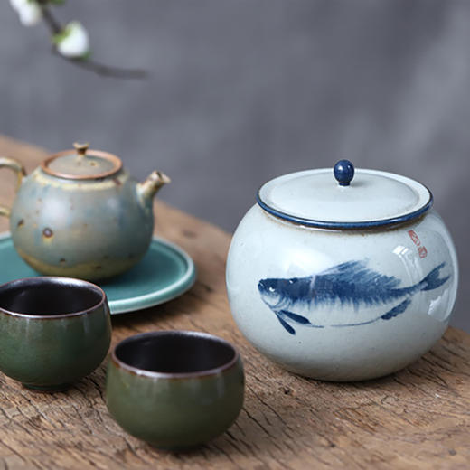「楚瓷青花手绘陶瓷茶叶罐」小茶叶罐 手绘鲑鱼 柿柿如意陶瓷储茶罐陶瓷罐子 商品图4