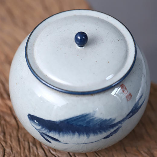 「楚瓷青花手绘陶瓷茶叶罐」小茶叶罐 手绘鲑鱼 柿柿如意陶瓷储茶罐陶瓷罐子 商品图1