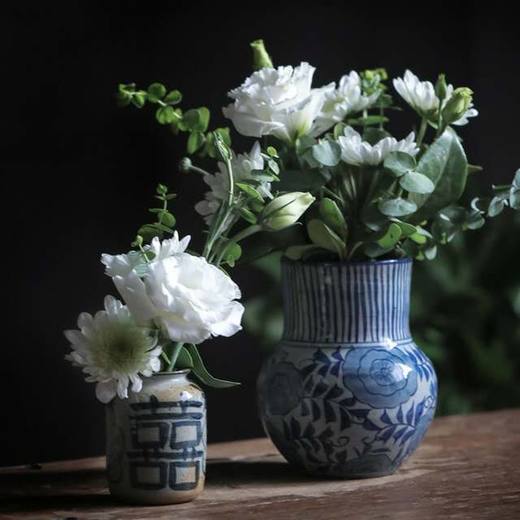 「粗陶复古中号长颈花瓶」手绘青花禅意插花花器 中号摆件客厅装饰 商品图0