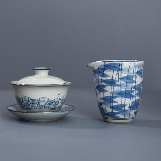 「景德镇传统手绘青花海浪 莲花 缠枝莲 盖碗公道杯」三才碗 泡茶碗 分茶器 复古茶具礼品 商品图11