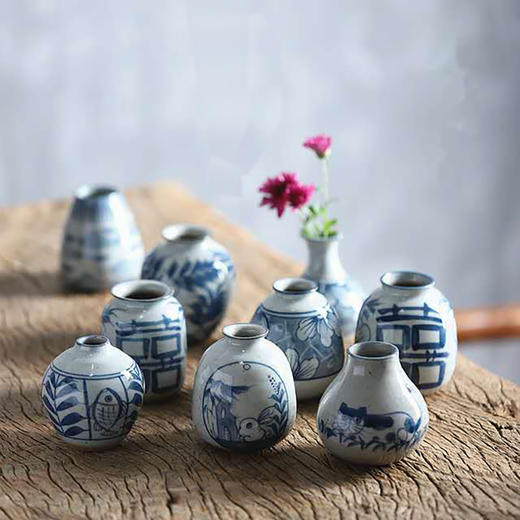 「粗陶复古中号长颈花瓶」手绘青花禅意插花花器 中号摆件客厅装饰 商品图2