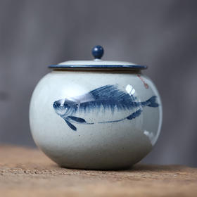 「楚瓷青花手绘陶瓷茶叶罐」小茶叶罐 手绘鲑鱼 柿柿如意陶瓷储茶罐陶瓷罐子