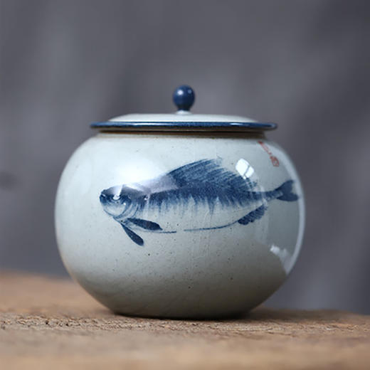 「楚瓷青花手绘陶瓷茶叶罐」小茶叶罐 手绘鲑鱼 柿柿如意陶瓷储茶罐陶瓷罐子 商品图0