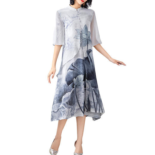 NYT-RB8888新款中国风立领长裙定位印花桑蚕丝仙女气质 商品图4